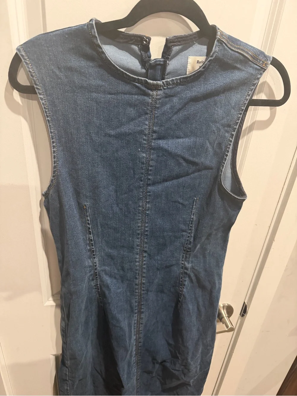 Reformation Sleeveless Denim Midi Dress in Blue with Black Belt - Picture 3 of 8
